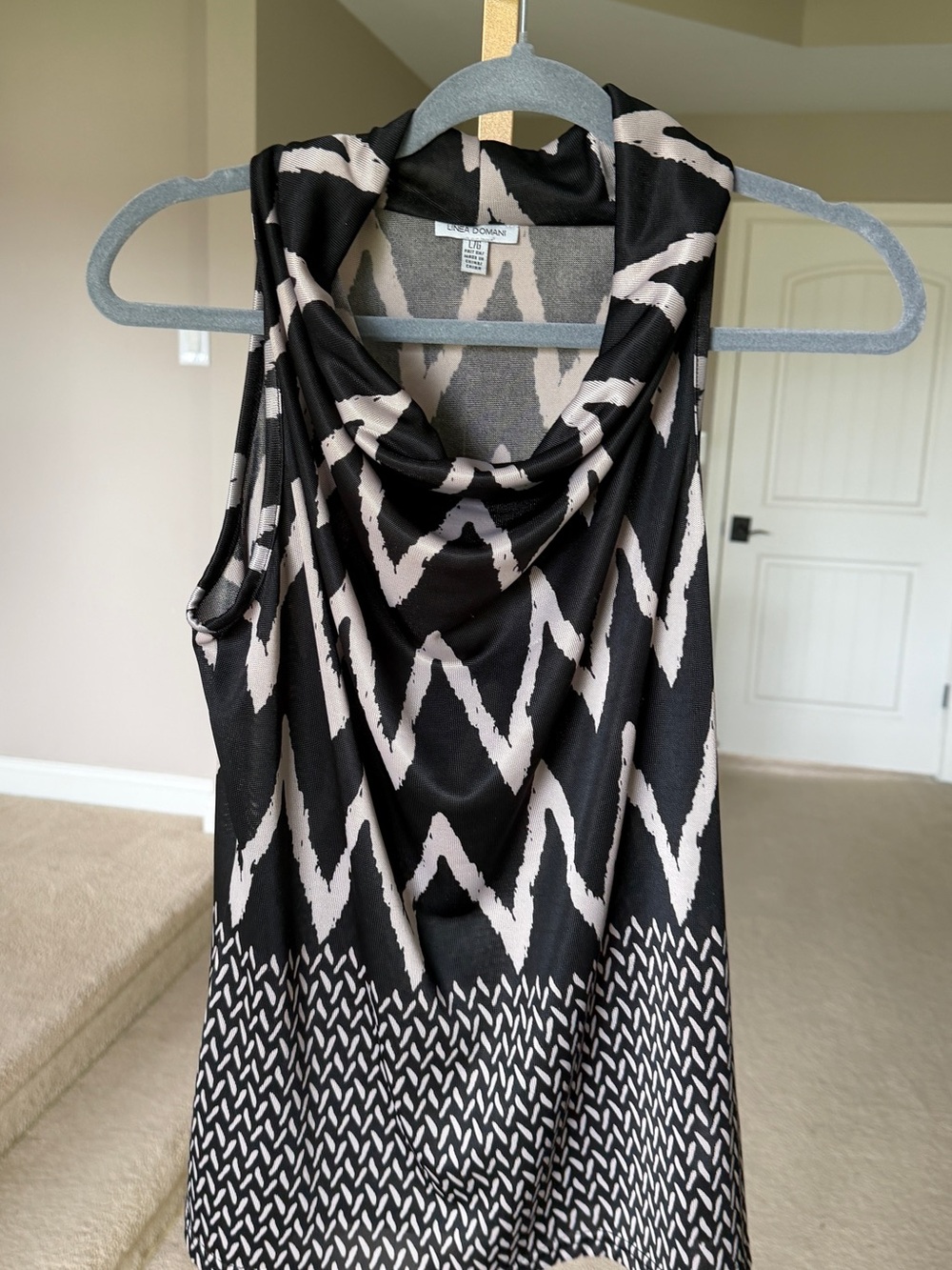 London Fog Black and Cream Zigzag Cowl Neck Tank